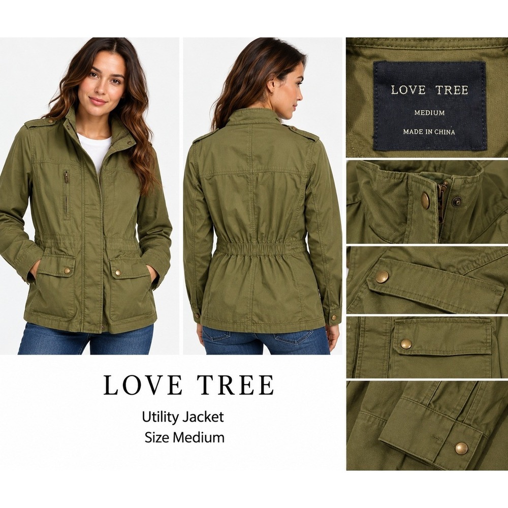 Love Tree Olive Green Utility Jacket Medium Military Field Coat Cinched Waist